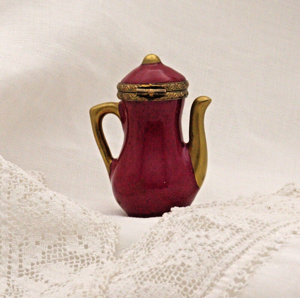 Limoges, France Peint Main Signed Burgundy Coffee Pot Flower Motif Gold Guilt - LADYBIRD LAUGH