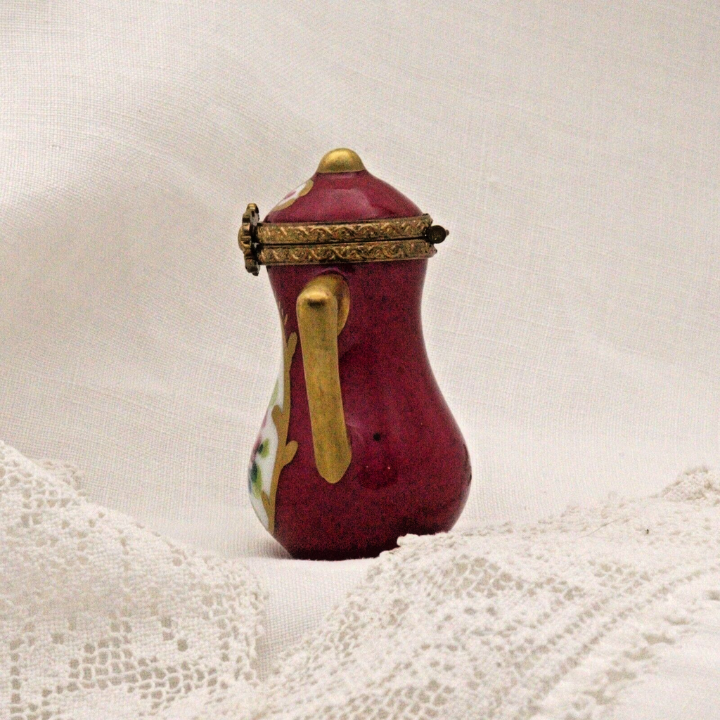 Limoges, France Peint Main Signed Burgundy Coffee Pot Flower Motif Gold Guilt - LADYBIRD LAUGH
