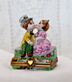Limoges, France Porcelain Kissing Couple Sitting on a Wall Shaped Trinket Box - LADYBIRD LAUGH