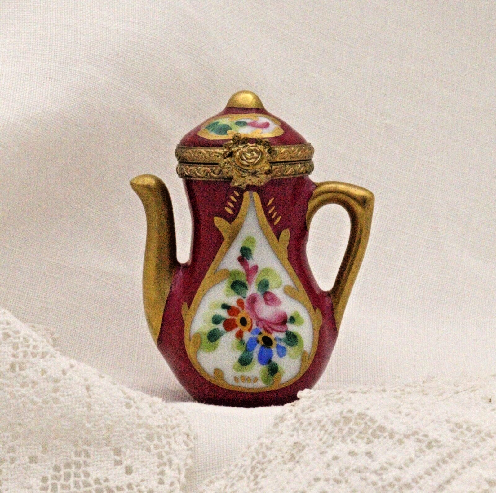 Limoges, France Peint Main Signed Burgundy Coffee Pot Flower Motif Gold Guilt - LADYBIRD LAUGH