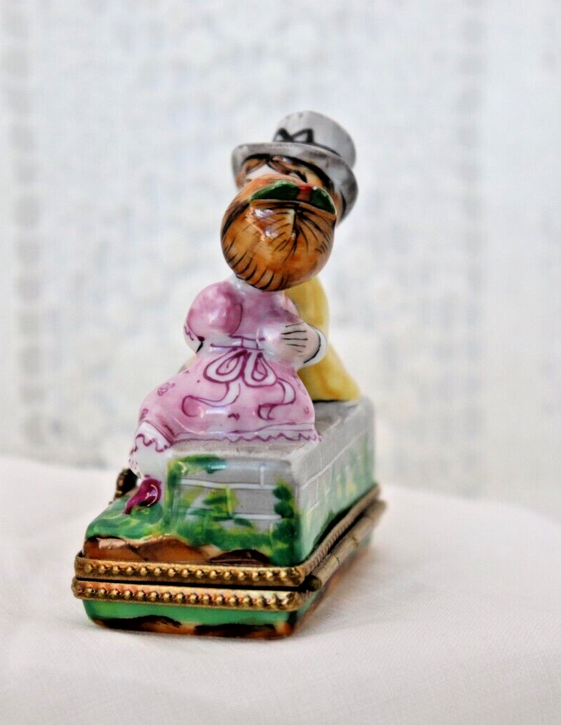 Limoges, France Porcelain Kissing Couple Sitting on a Wall Shaped Trinket Box - LADYBIRD LAUGH