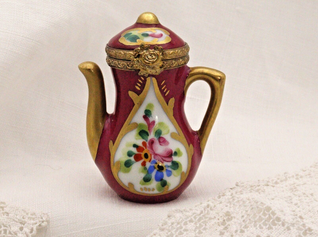Limoges, France Peint Main Signed Burgundy Coffee Pot Flower Motif Gold Guilt - LADYBIRD LAUGH