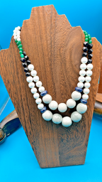 Fun and Bold Vintage Bead Necklace, white with green/blue/black bead accents - LADYBIRD LAUGH