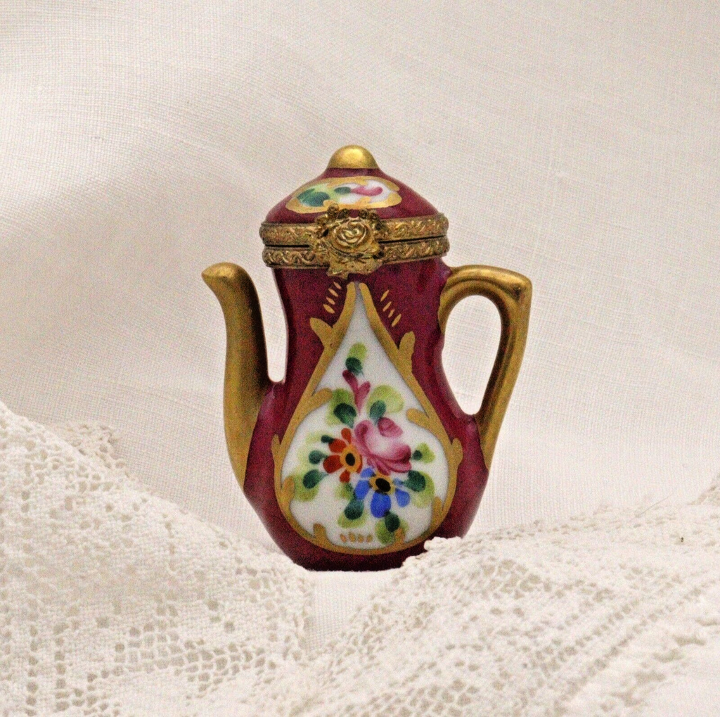 Limoges, France Peint Main Signed Burgundy Coffee Pot Flower Motif Gold Guilt - LADYBIRD LAUGH