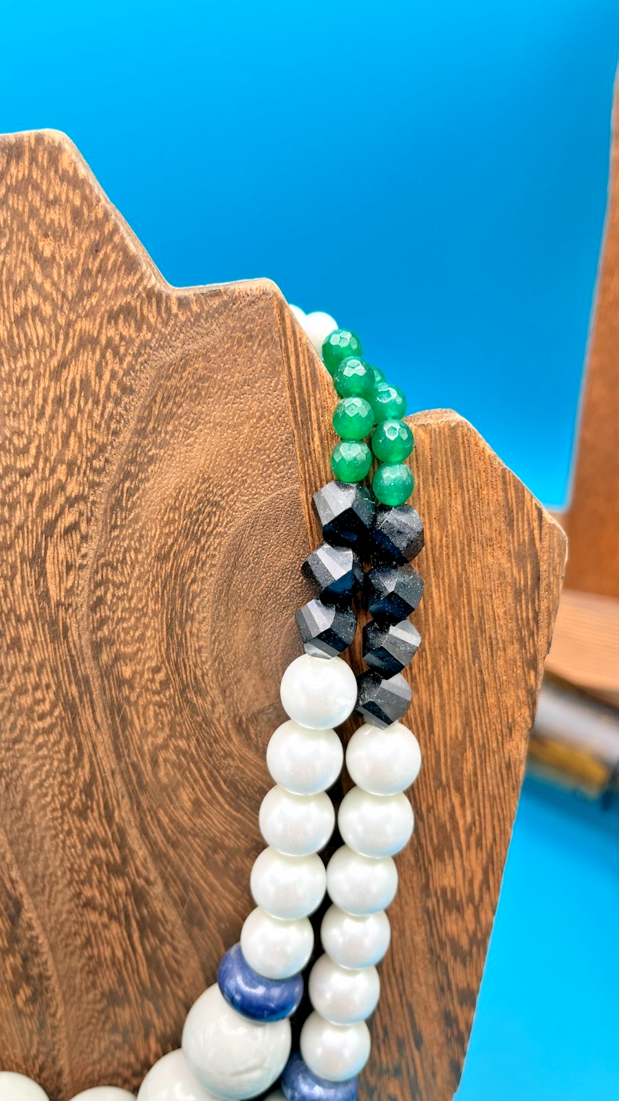 Fun and Bold Vintage Bead Necklace, white with green/blue/black bead accents - LADYBIRD LAUGH
