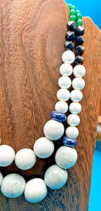 Fun and Bold Vintage Bead Necklace, white with green/blue/black bead accents - LADYBIRD LAUGH