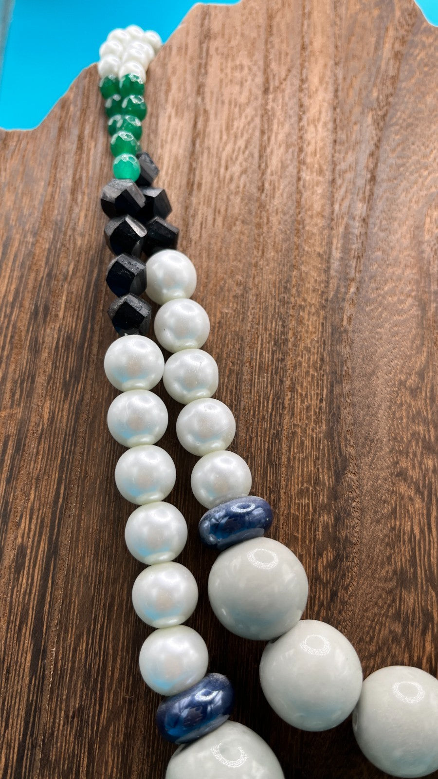 Fun and Bold Vintage Bead Necklace, white with green/blue/black bead accents - LADYBIRD LAUGH