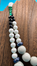 Fun and Bold Vintage Bead Necklace, white with green/blue/black bead accents - LADYBIRD LAUGH