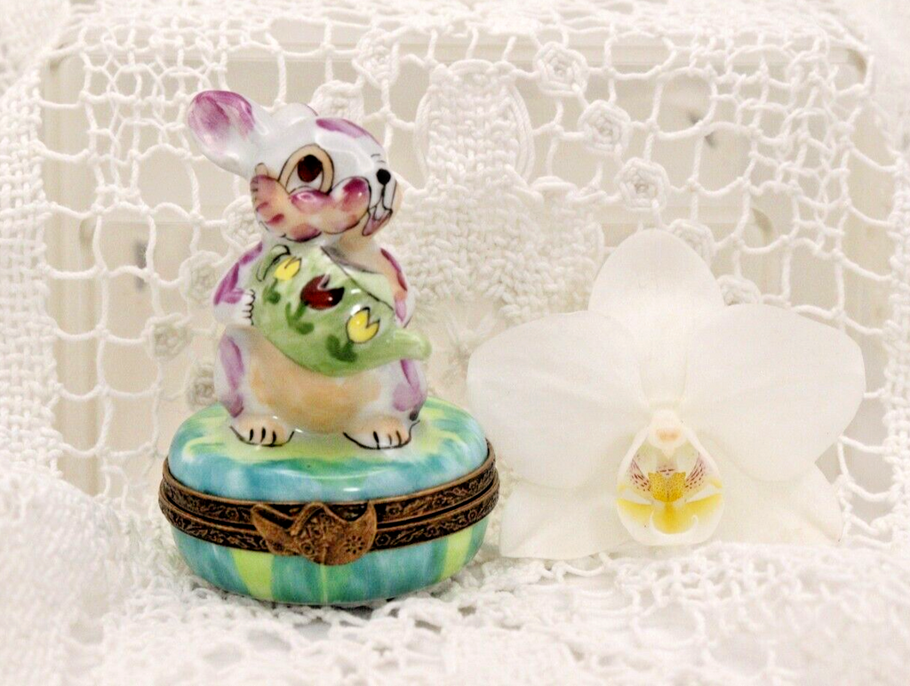 Rare Adorable Colorful Rabbit with Watering Can - Limoges, France. Peint Main. - LADYBIRD LAUGH