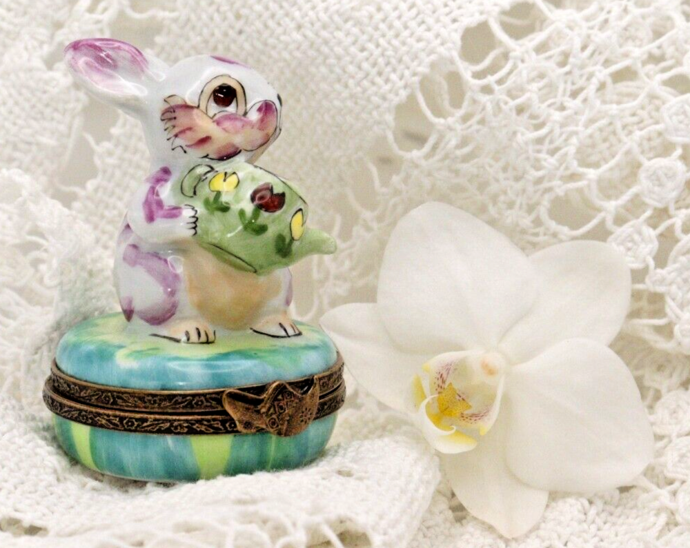 Rare Adorable Colorful Rabbit with Watering Can - Limoges, France. Peint Main. - LADYBIRD LAUGH