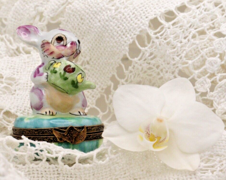 Rare Adorable Colorful Rabbit with Watering Can - Limoges, France. Peint Main. - LADYBIRD LAUGH