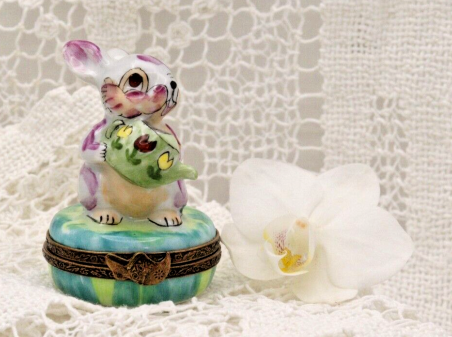 Rare Adorable Colorful Rabbit with Watering Can - Limoges, France. Peint Main. - LADYBIRD LAUGH