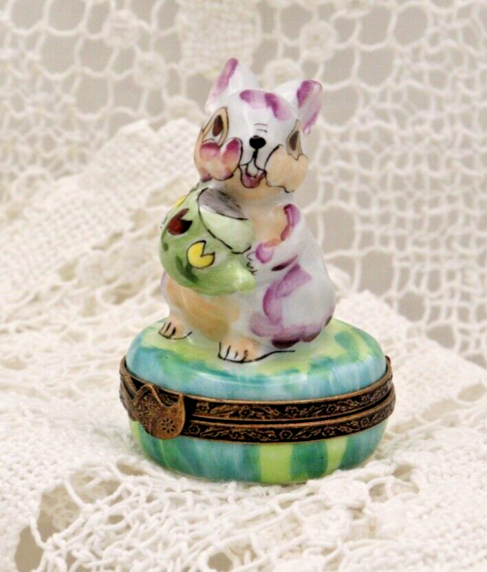 Rare Adorable Colorful Rabbit with Watering Can - Limoges, France. Peint Main. - LADYBIRD LAUGH