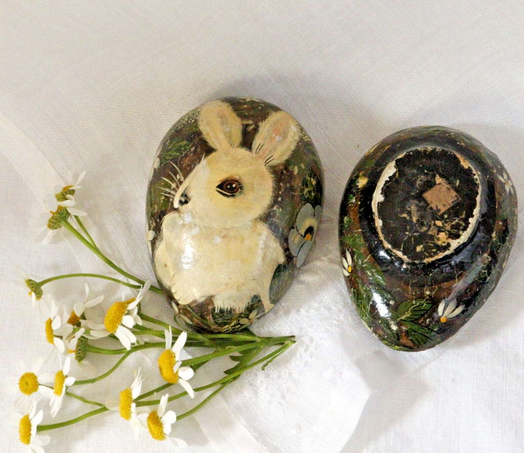 Vintage Hand Painted Papier Mache Egg with the most adorable bunny pictured - LADYBIRD LAUGH