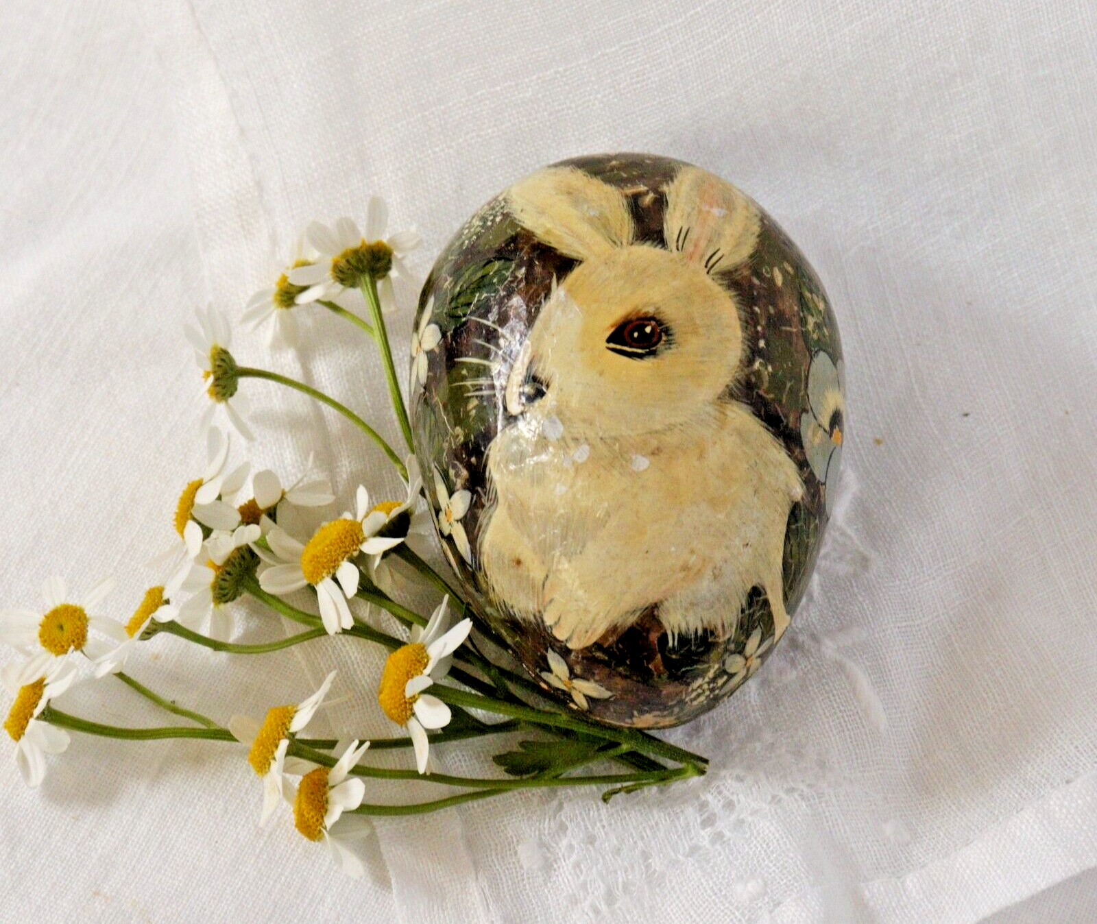 Vintage Hand Painted Papier Mache Egg with the most adorable bunny pictured - LADYBIRD LAUGH