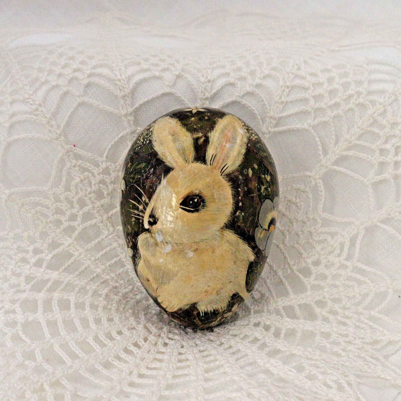 Vintage Hand Painted Papier Mache Egg with the most adorable bunny pictured - LADYBIRD LAUGH