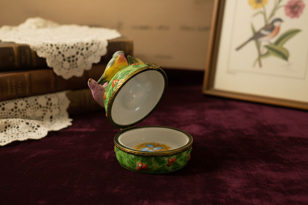 Limoges France Four Calling Birds Christmas Trinket Box Hand Painted