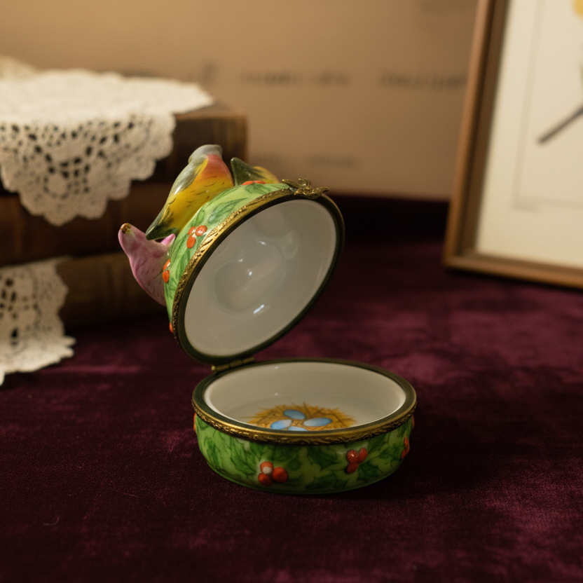 Limoges France Four Calling Birds Christmas Trinket Box Hand Painted