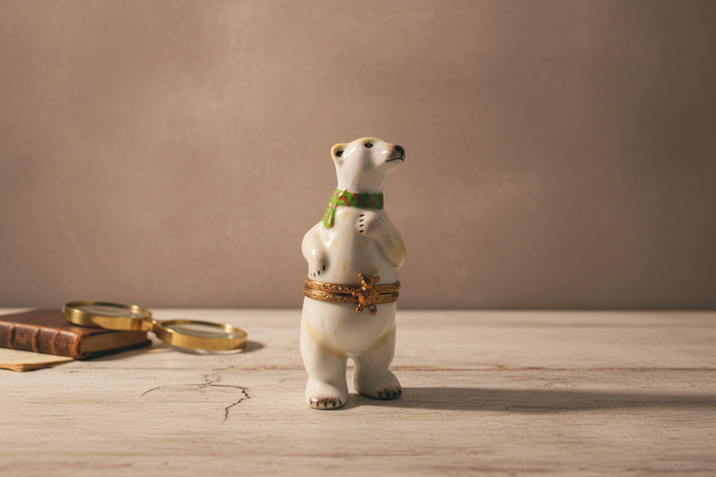 Limoges France Polar Bear with Green Scarf Trinket Box Hand Painted Porcelain