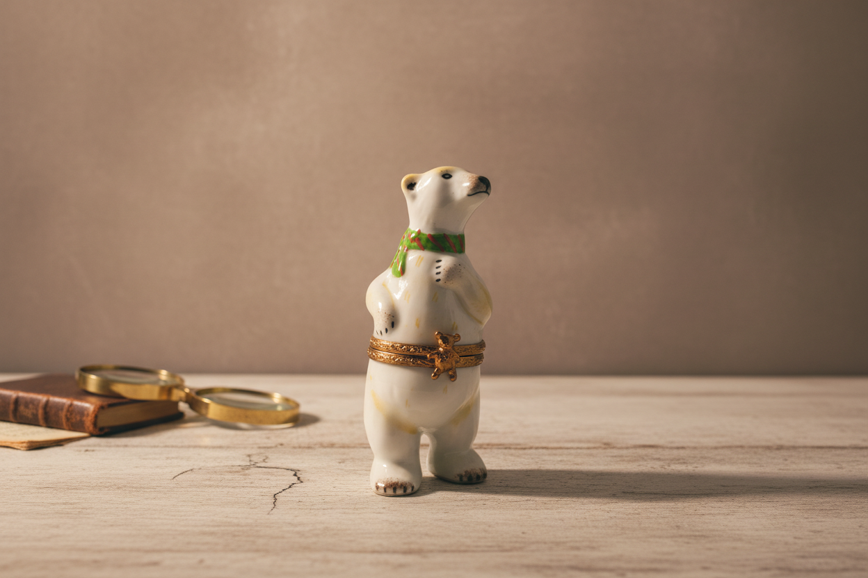 Limoges France Polar Bear with Green Scarf Trinket Box Hand Painted Porcelain