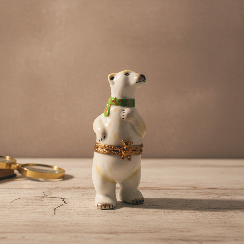 Limoges France Polar Bear with Green Scarf Trinket Box Hand Painted Porcelain