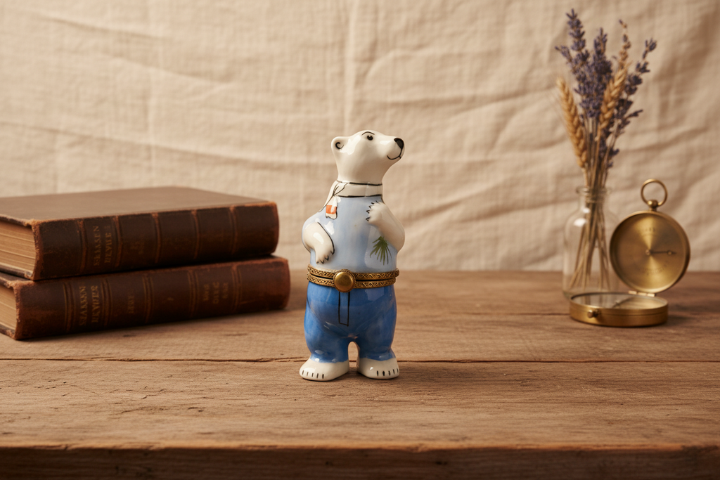 Limoges France Polar Bear in Blue Jeans Trinket Box Hand Painted Porcelain