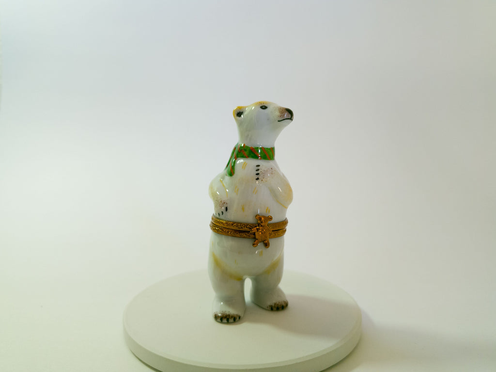 Limoges France Polar Bear with Green Scarf Trinket Box Hand Painted Porcelain
