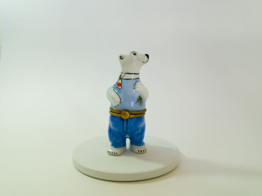 Limoges France Polar Bear in Blue Jeans Trinket Box Hand Painted Porcelain