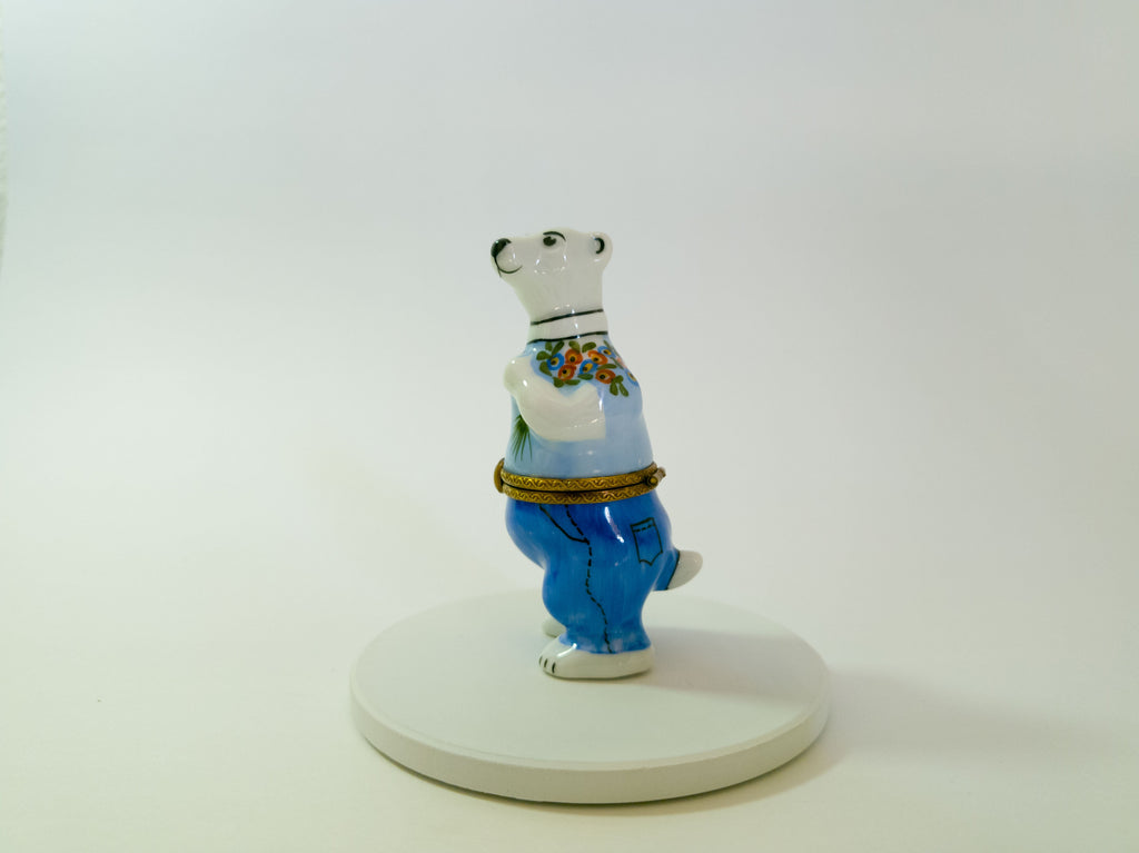 Limoges France Polar Bear in Blue Jeans Trinket Box Hand Painted Porcelain