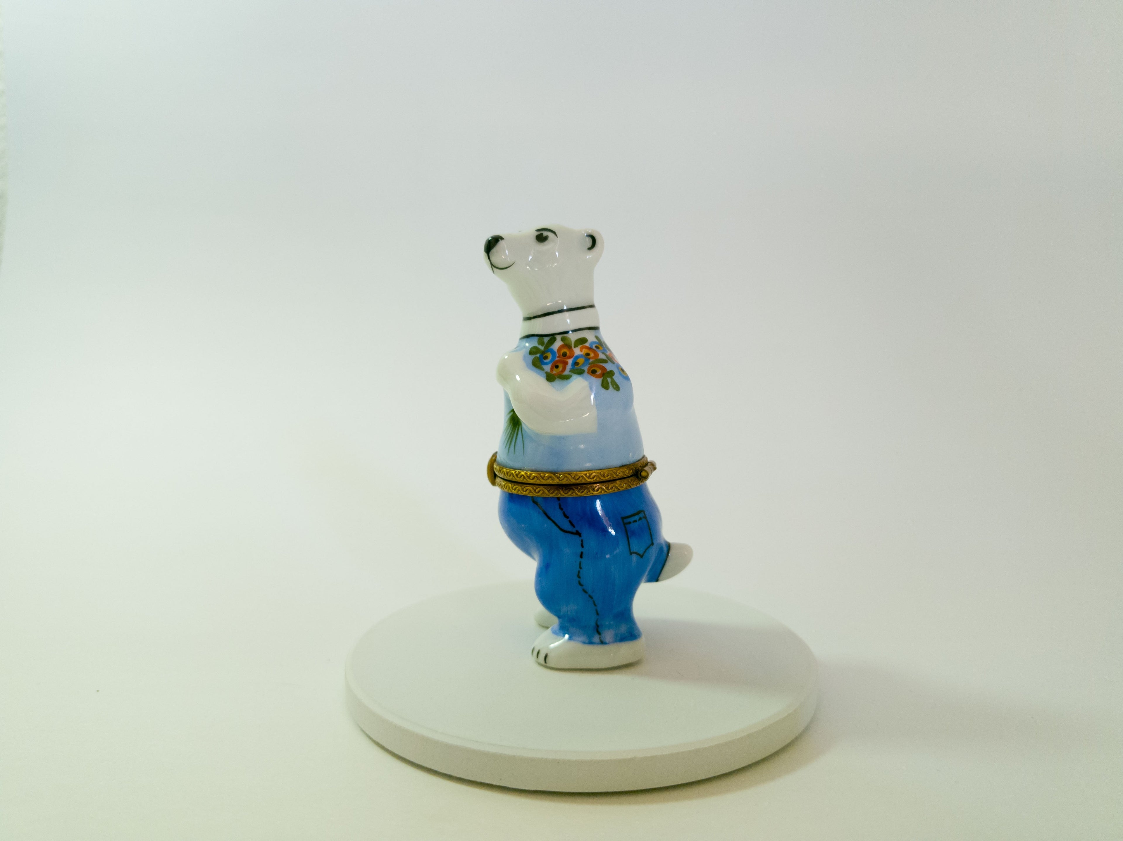 Limoges France Polar Bear in Blue Jeans Trinket Box Hand Painted Porcelain