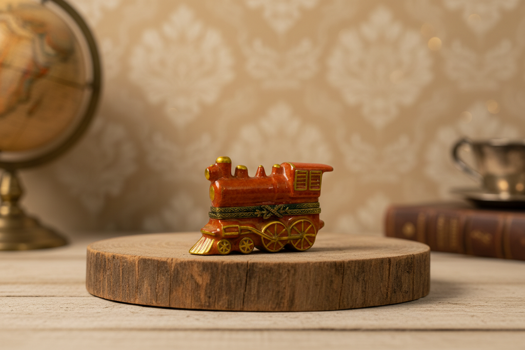 Limoges France Red & Gold Train Trinket Box Hand Painted Porcelain