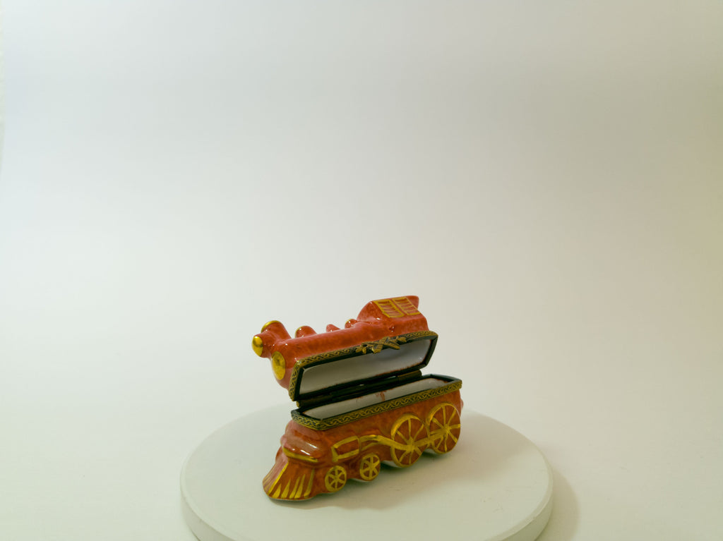 Limoges France Red & Gold Train Trinket Box Hand Painted Porcelain