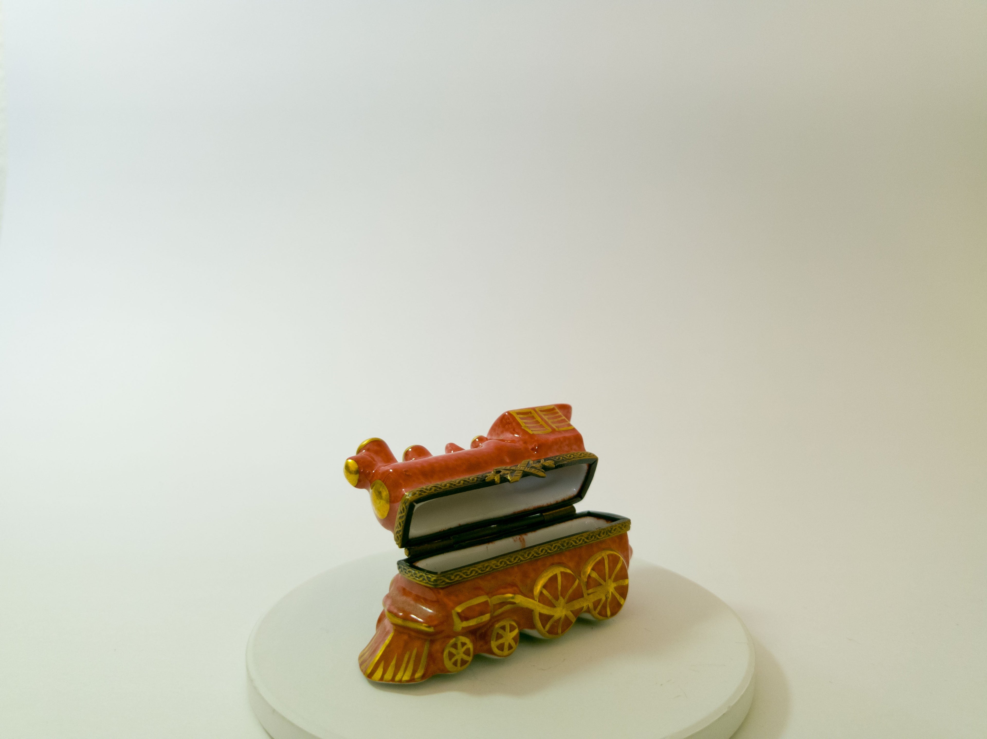 Limoges France Red & Gold Train Trinket Box Hand Painted Porcelain