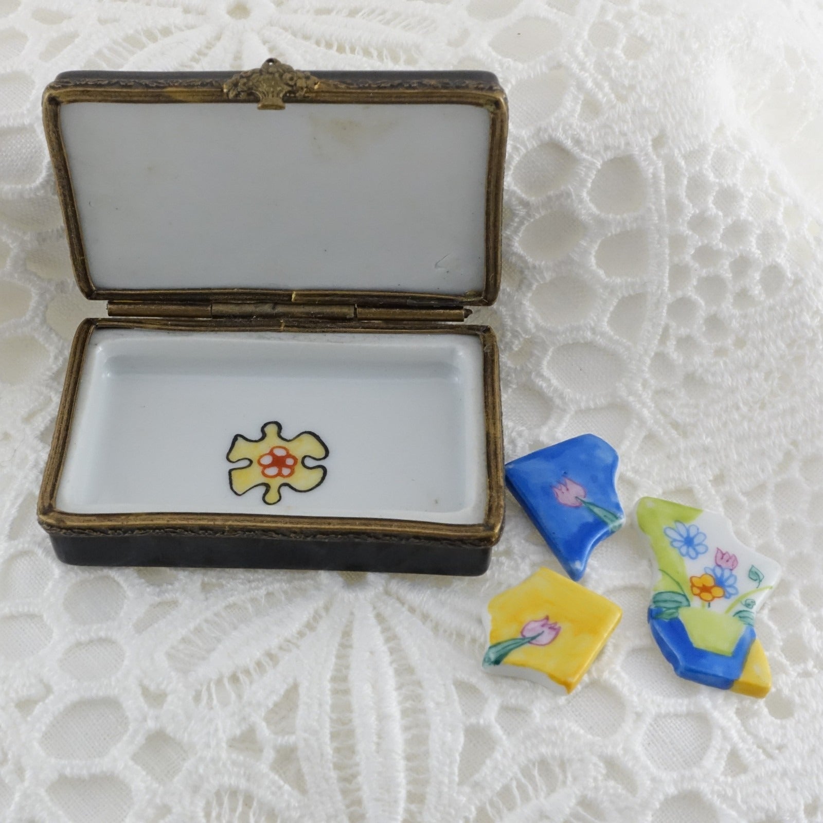 Vintage Limoges Flower Puzzle Trinket Box | Hand Painted Multicolor Floral Porcelain Box