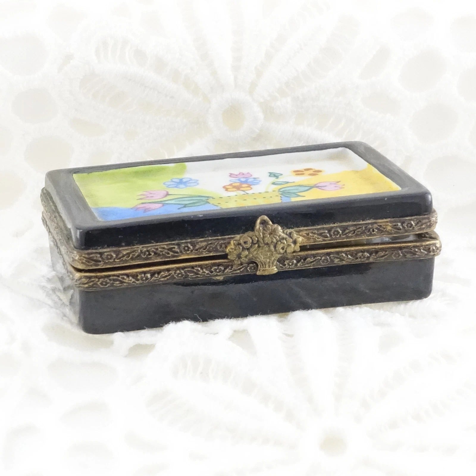Vintage Limoges Flower Puzzle Trinket Box | Hand Painted Multicolor Floral Porcelain Box - LADYBIRD LAUGH
