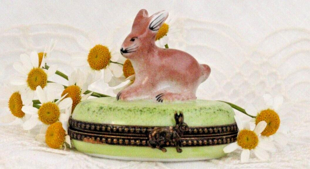 Rabbit Trinket Box: Vintage Hand-Painted Porcelain (Oval Shape)
