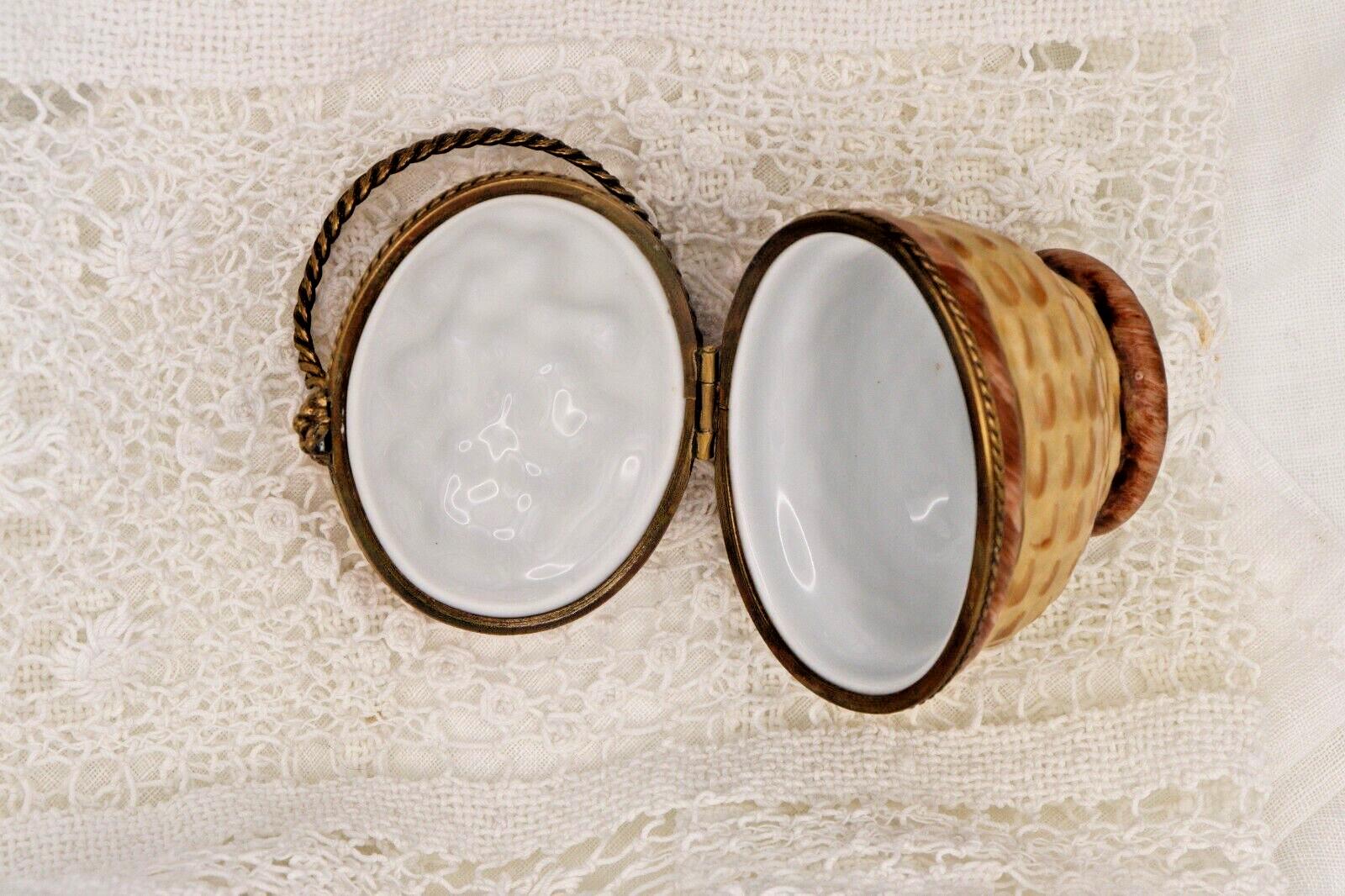 Limoges France Peint Main Egg Basket Trinket Box Hand Painted Porcelain