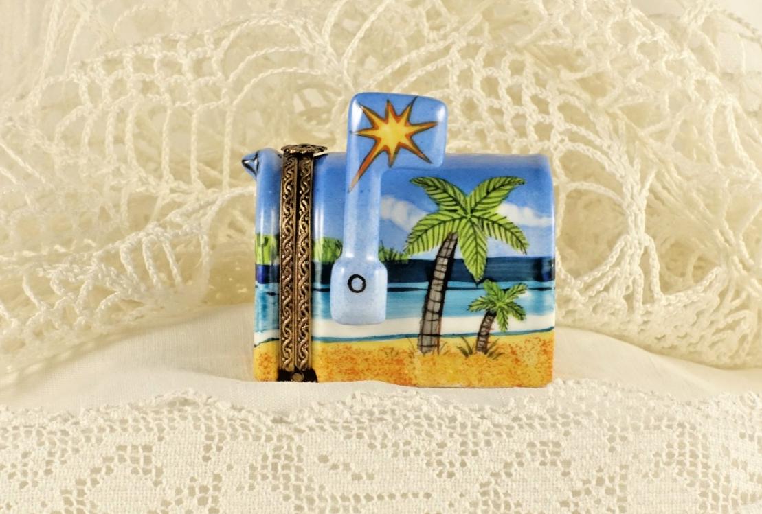 Limoges France Beach Mailbox Trinket Box Tropical Coastal Scene Limited Edition