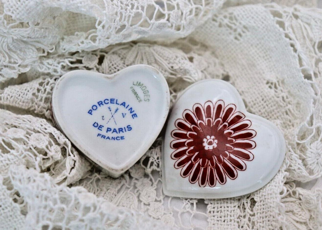 Limoges France Heart Trinket Box Maroon Floral Pattern Hand Painted Porcelain