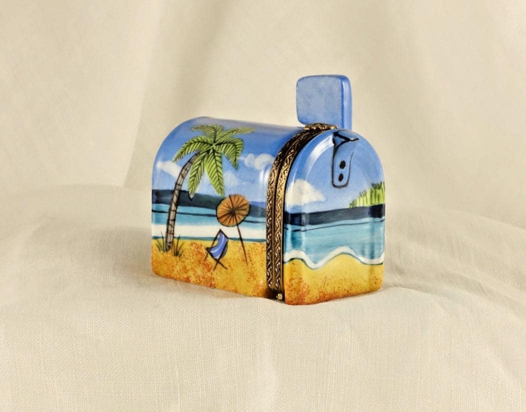 Limoges France Beach Mailbox Trinket Box Tropical Coastal Scene Limited Edition