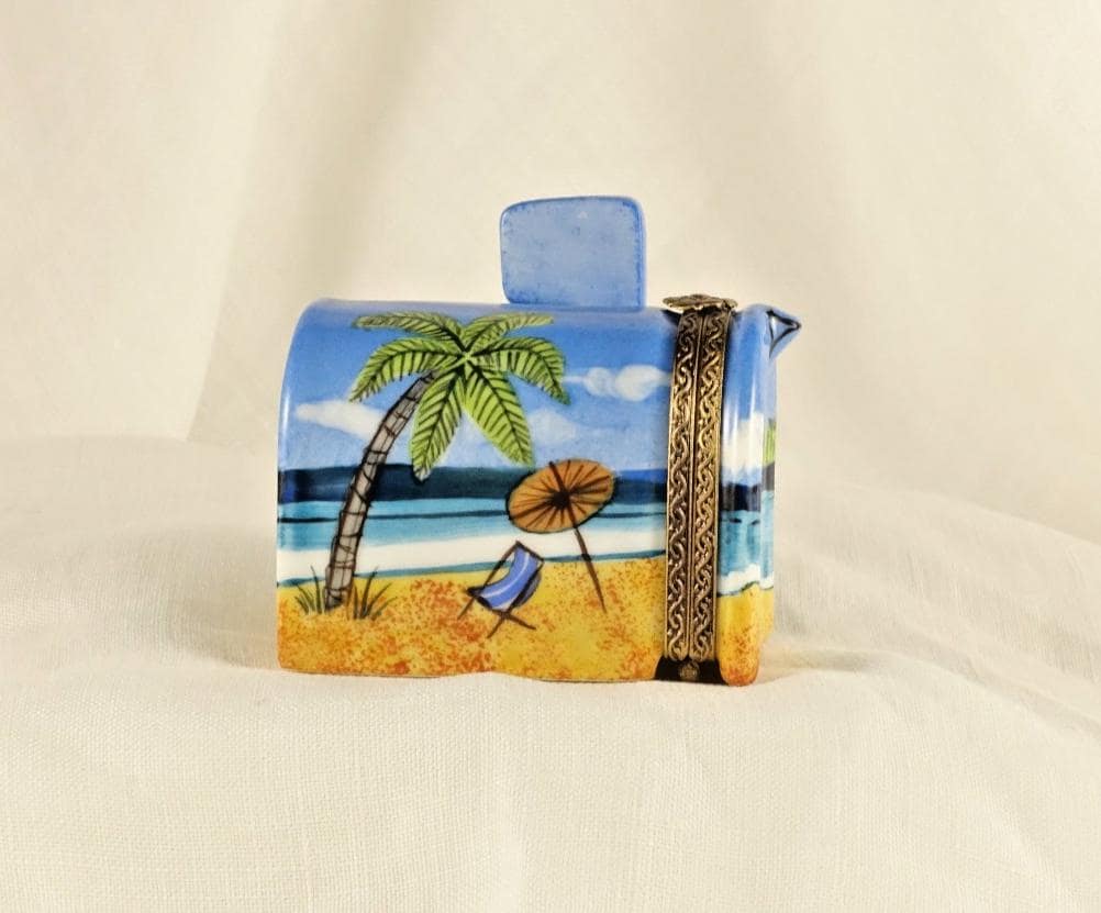 Limoges France Beach Mailbox Trinket Box Tropical Coastal Scene Limited Edition