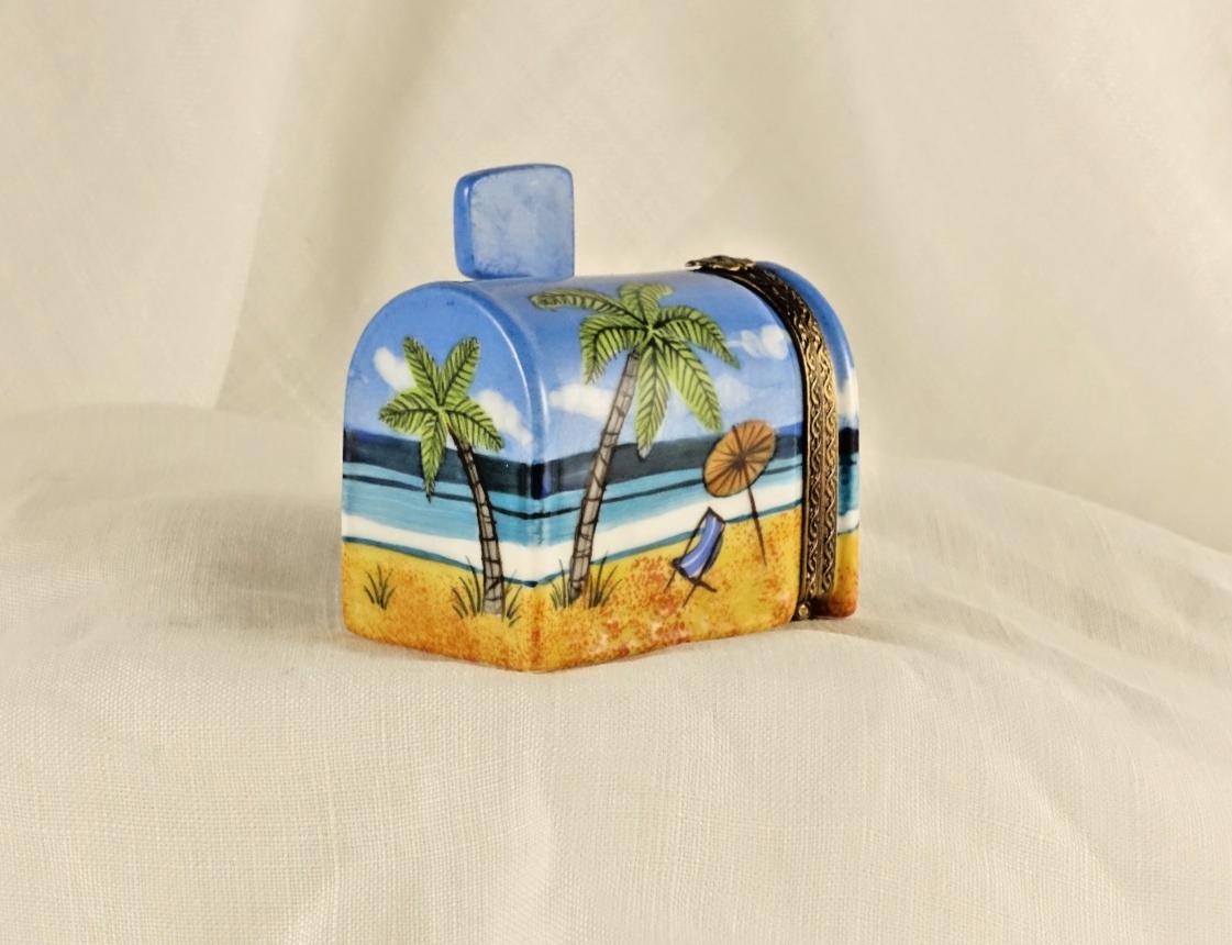 Limoges France Beach Mailbox Trinket Box Tropical Coastal Scene Limited Edition