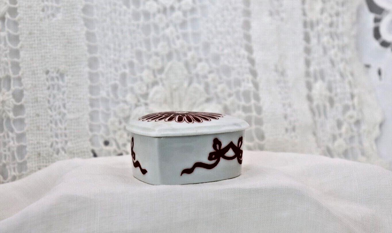 Limoges France Heart Trinket Box Maroon Floral Pattern Hand Painted Porcelain
