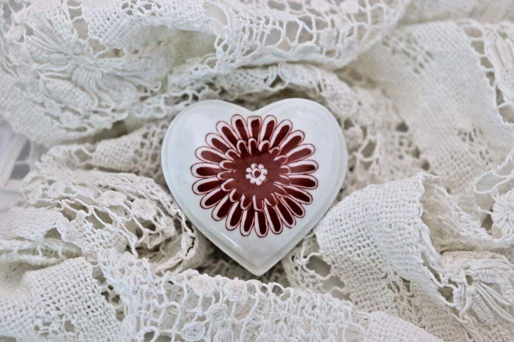 Limoges France Heart Trinket Box Maroon Floral Pattern Hand Painted Porcelain
