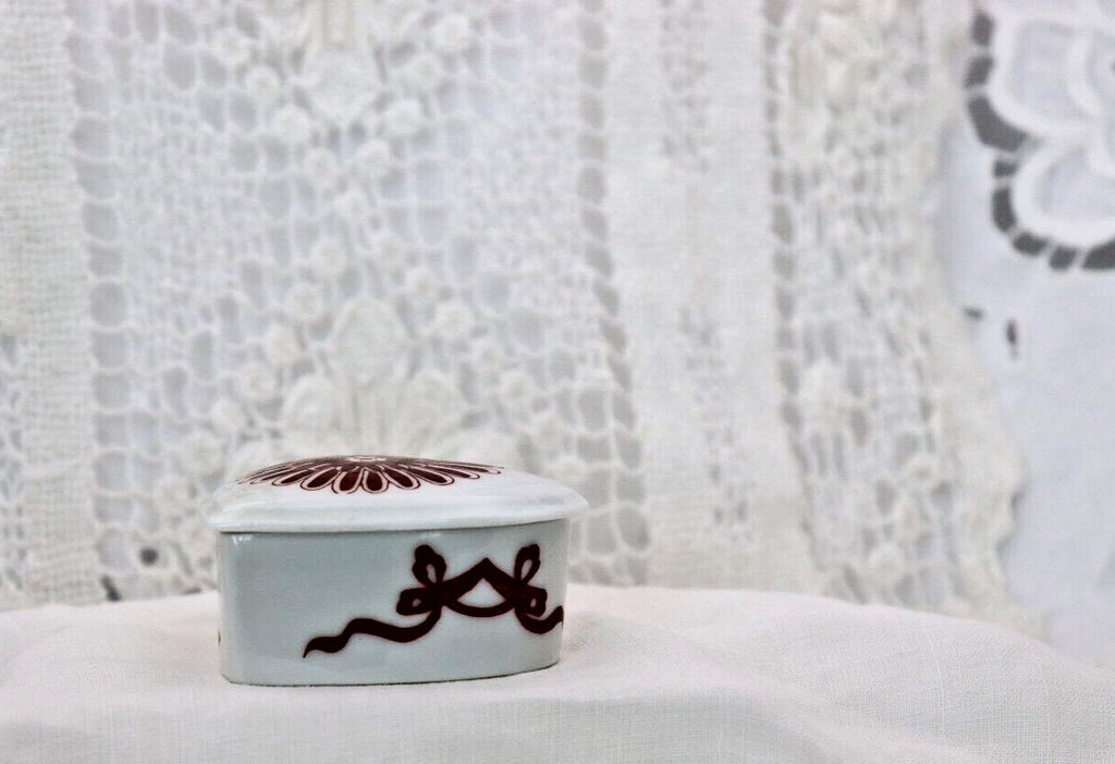 Limoges France Heart Trinket Box Maroon Floral Pattern Hand Painted Porcelain