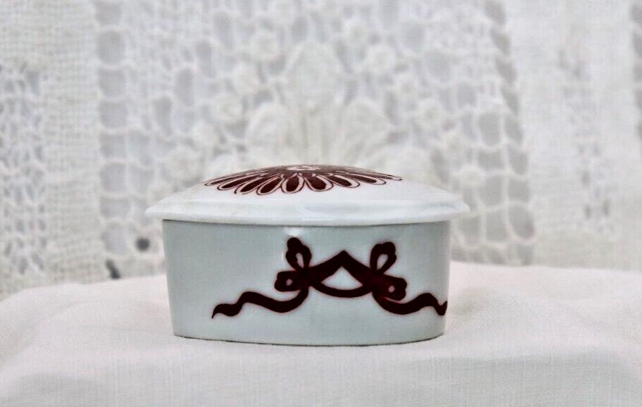 Limoges France Heart Trinket Box Maroon Floral Pattern Hand Painted Porcelain
