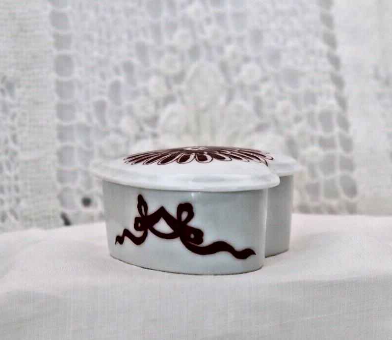 Limoges France Heart Trinket Box Maroon Floral Pattern Hand Painted Porcelain