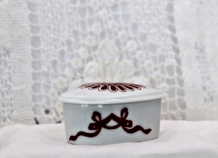 Limoges France Heart Trinket Box Maroon Floral Pattern Hand Painted Porcelain