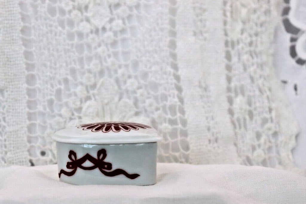 Limoges France Heart Trinket Box Maroon Floral Pattern Hand Painted Porcelain