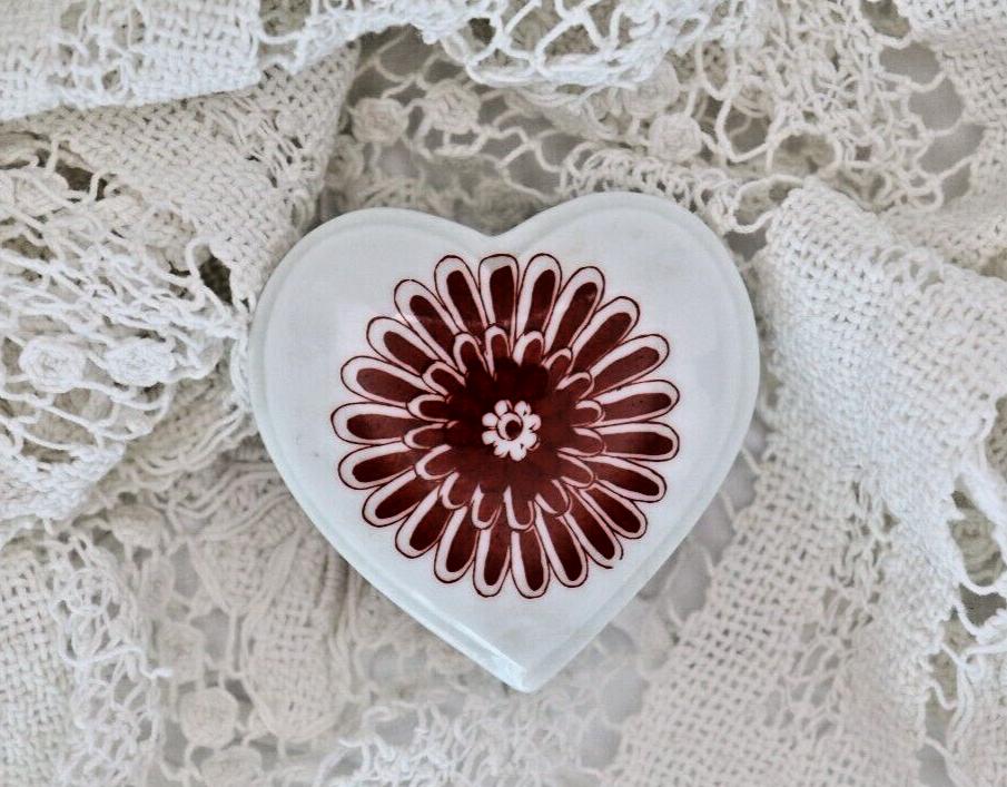 Limoges France Heart Trinket Box Maroon Floral Pattern Hand Painted Porcelain